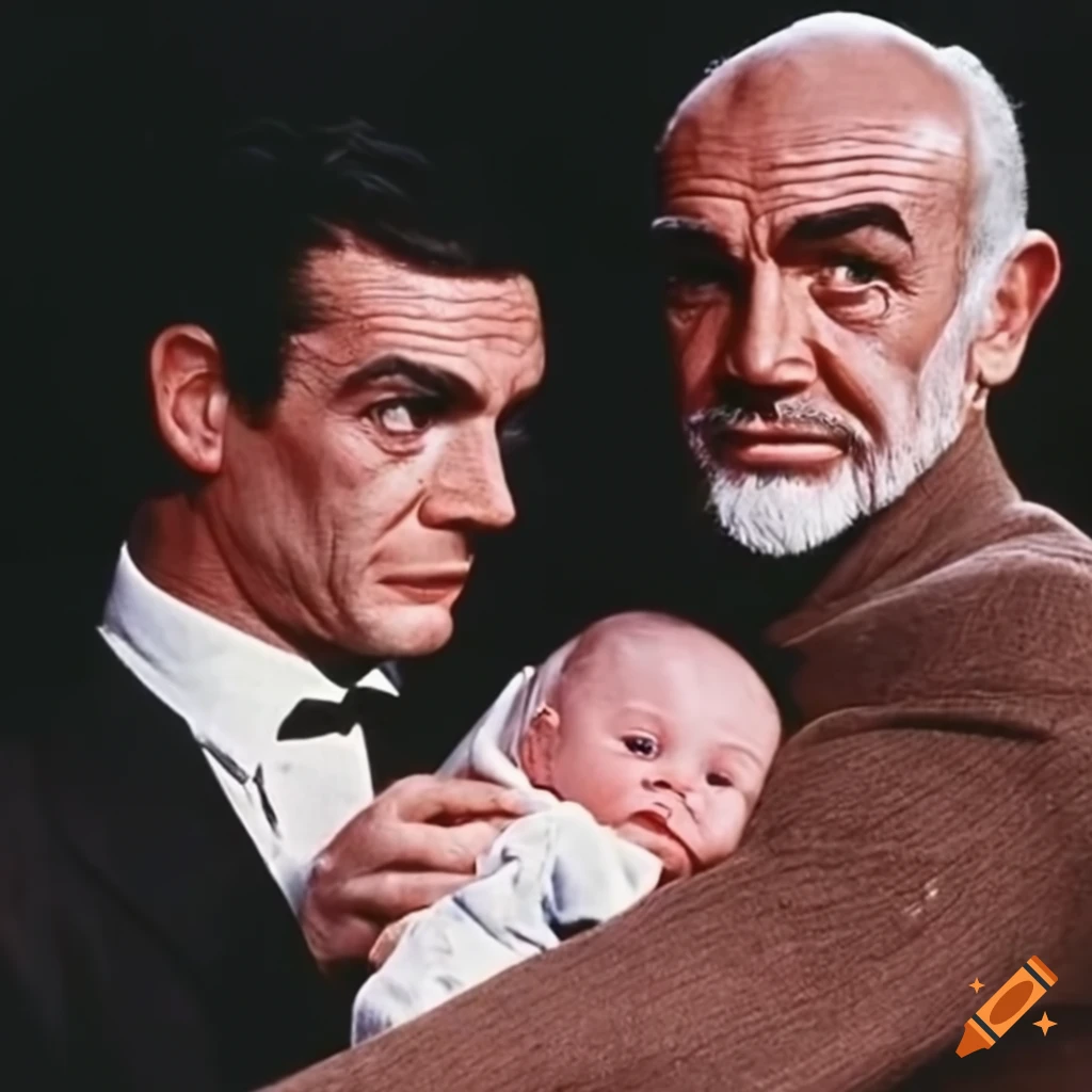 Sean Connery as James Bond holding a baby