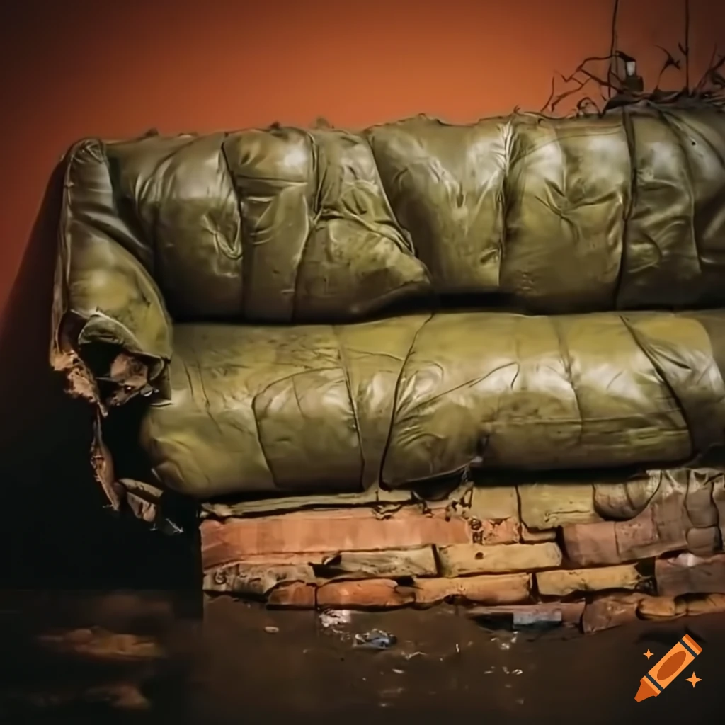 Destroyed leather couch covered in trash in flooded brick doorway with