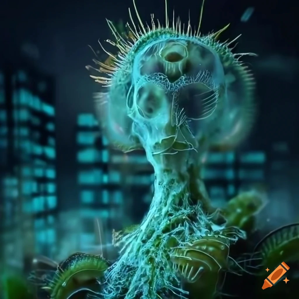 Glowing biopunk Venus flytrap creature in a moss-covered cityscape