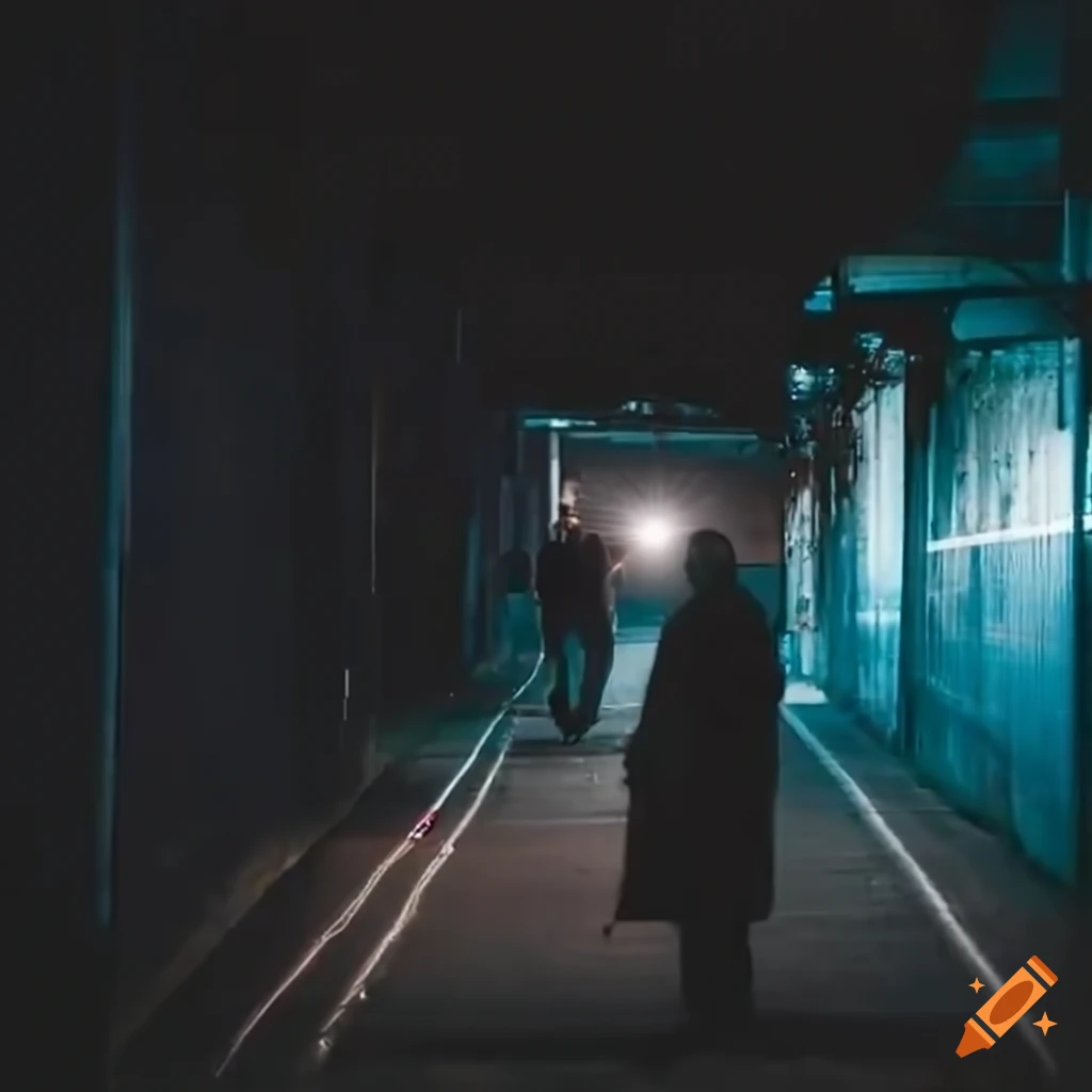 Two men walking in an industrial car park at night on Craiyon