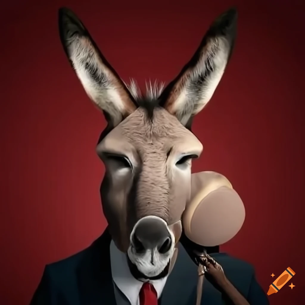 Anthropomorphized donkey debating with politicians