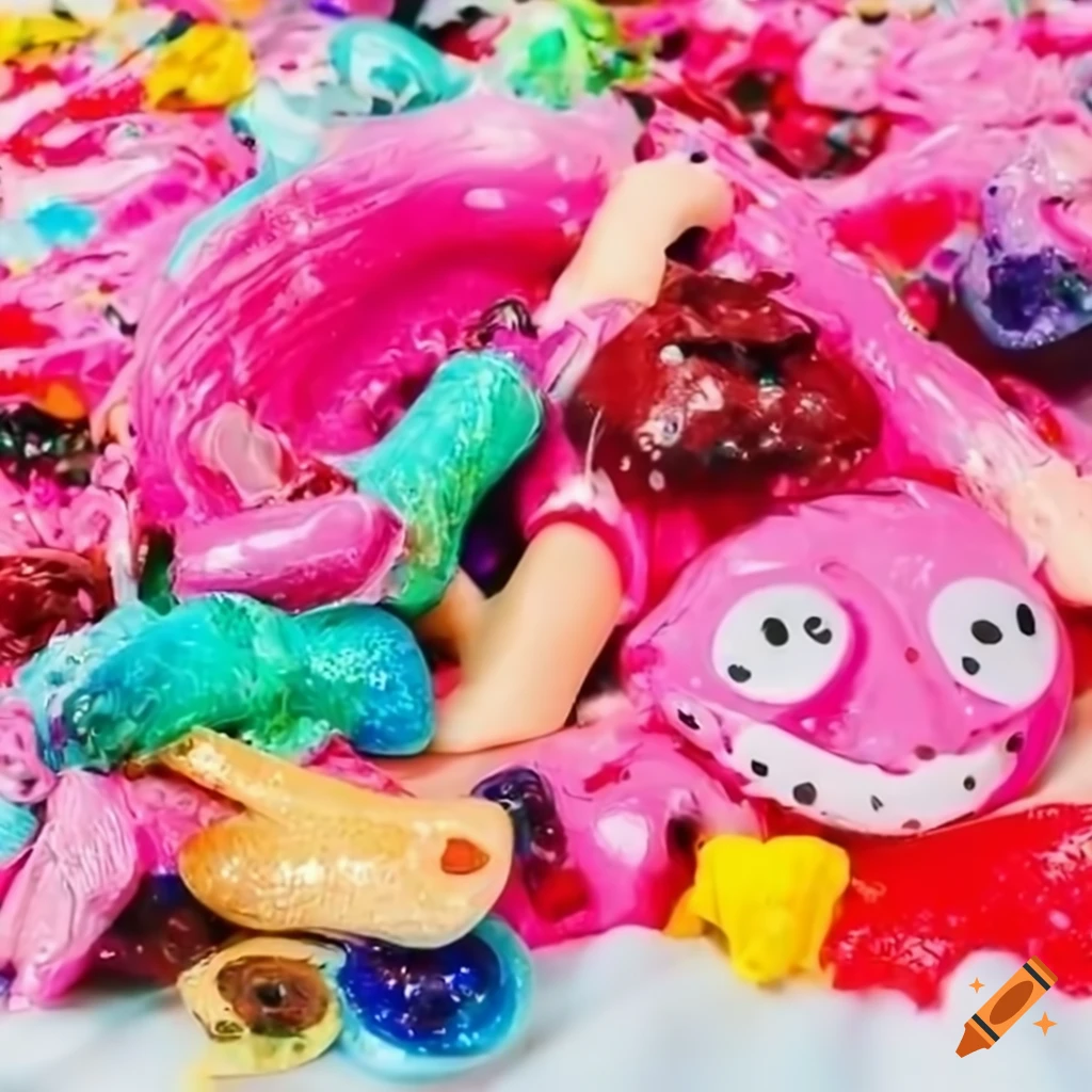 Messy pile of cute toys with slime, glitter, stickers, teeth, and red eyes
