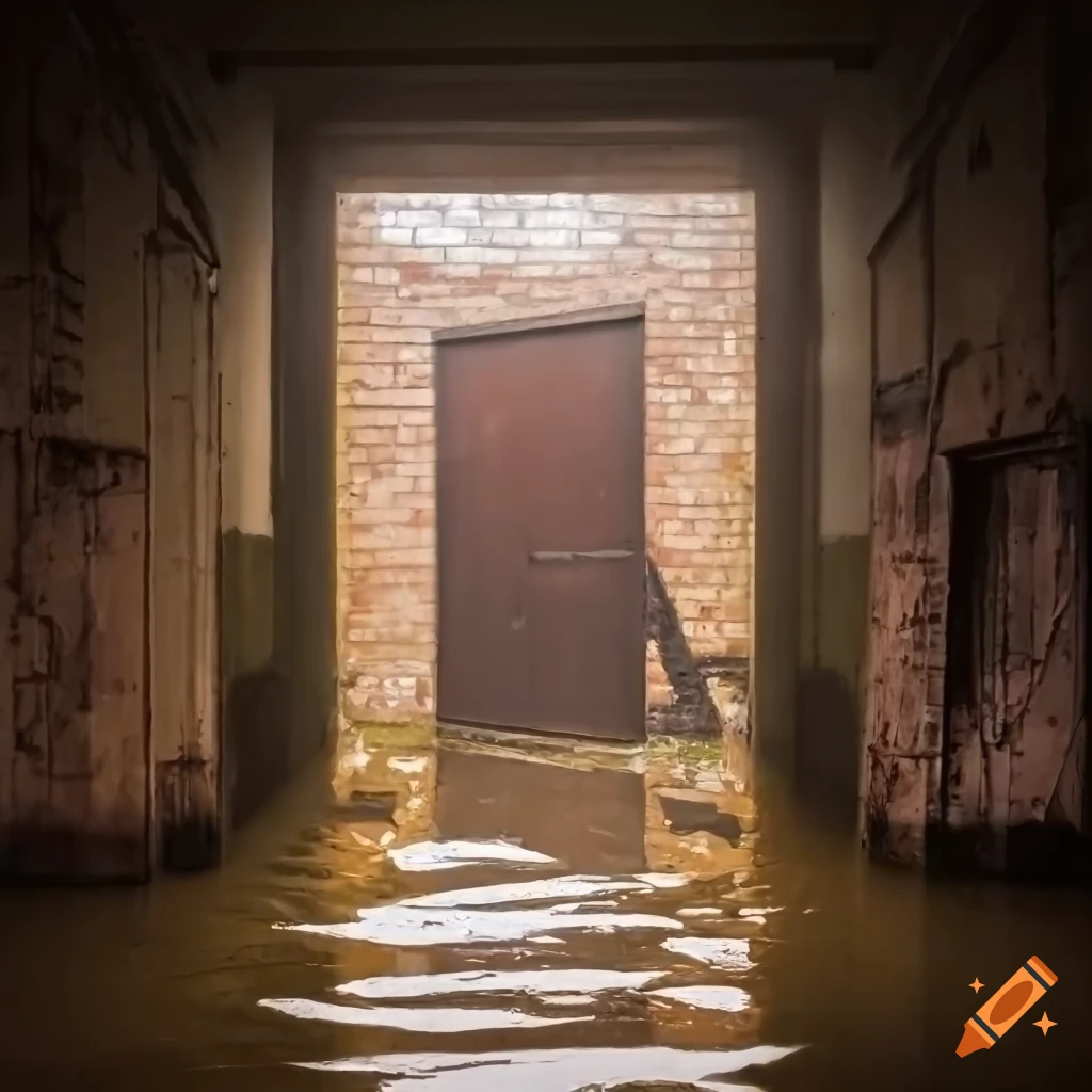 Crumbling flooded door leading to abandoned buildings sinking into ocean with dramatic lighting