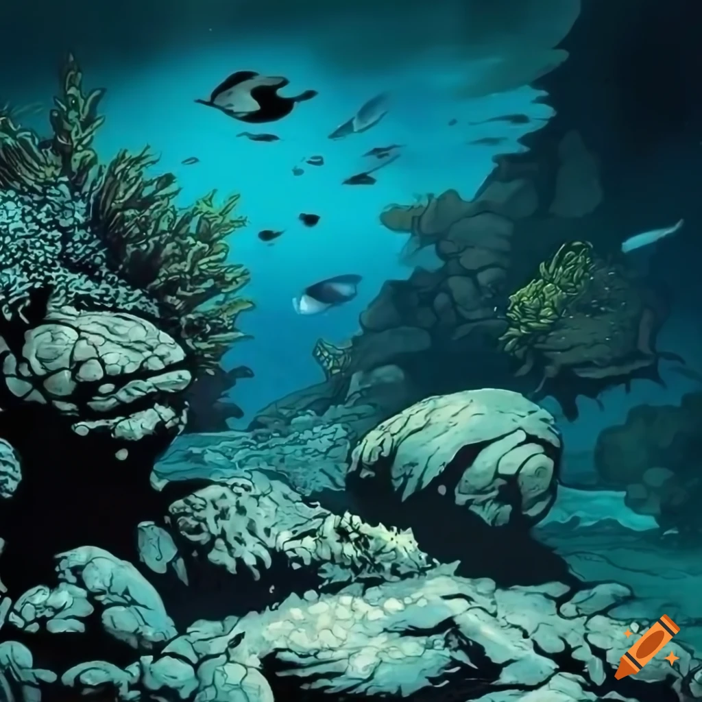 Underwater ocean scene with corals and rocks in black and white pen and ...