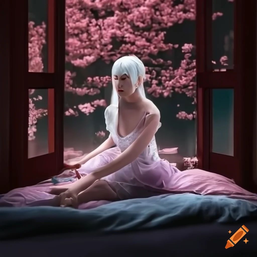 Scaled woman with white hair sitting on a bed with cherry blossom tree growing into her room
