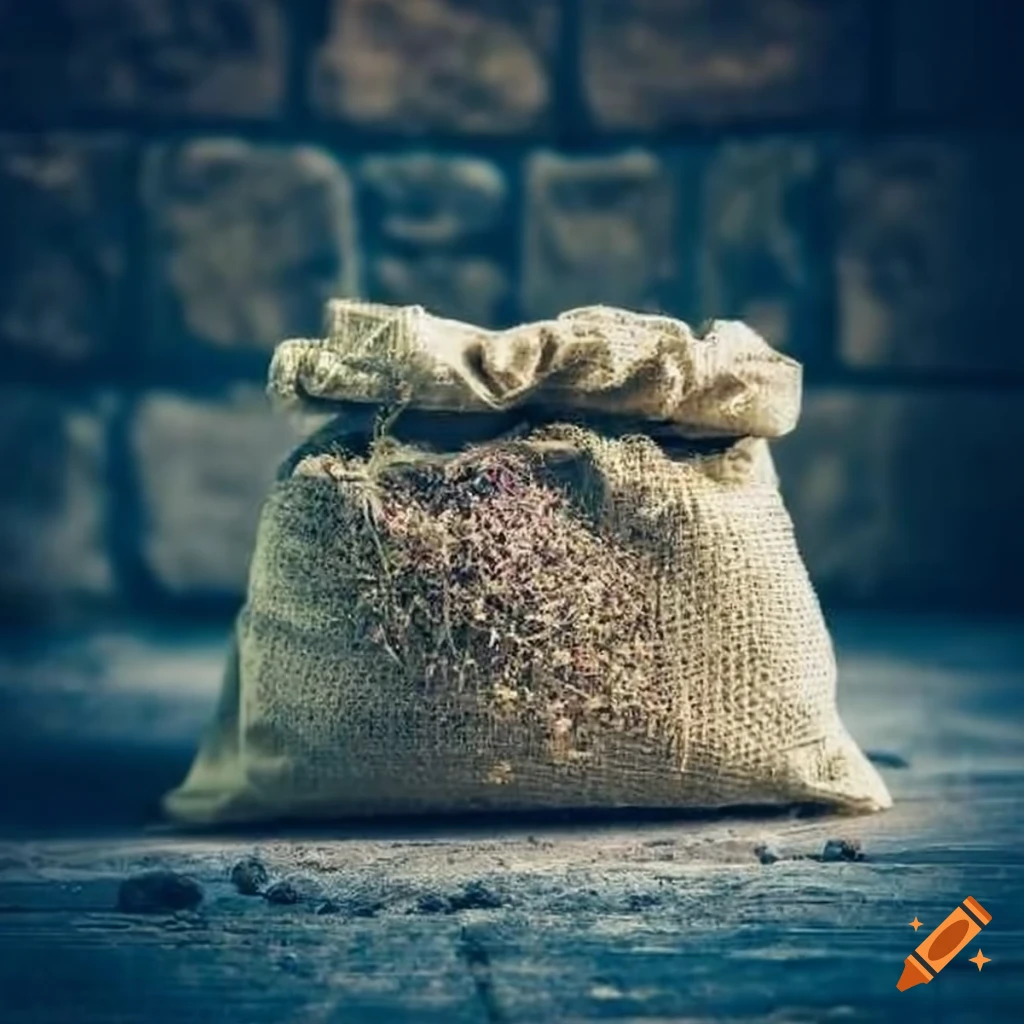 Bag of dried medicinal herbs in a stone building
