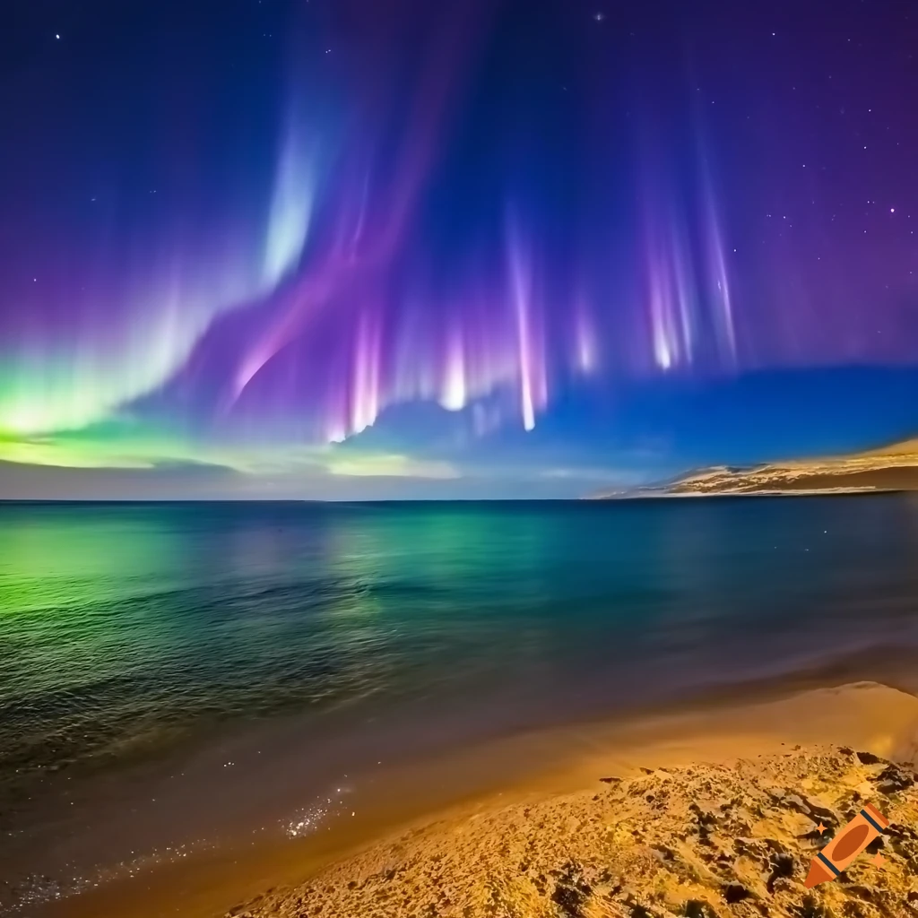 Galactic wave on beach with northern lights and planets in the sky