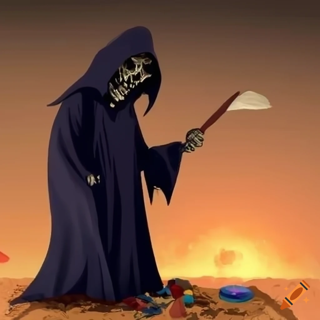 Grim reaper playing in a sandbox