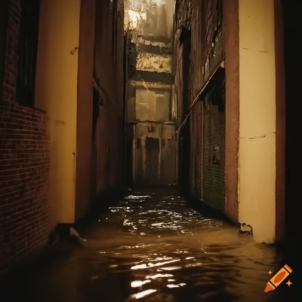Close-up of flooded corridor with abandoned buildings sinking into ocean in dramatic lighting
