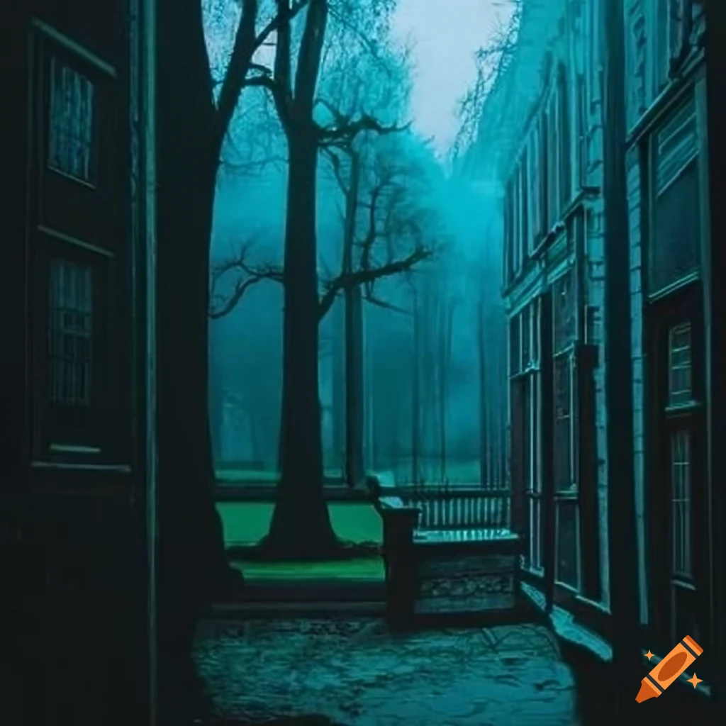 Eerie mansion hallway with windows showing nighttime view of tall trees