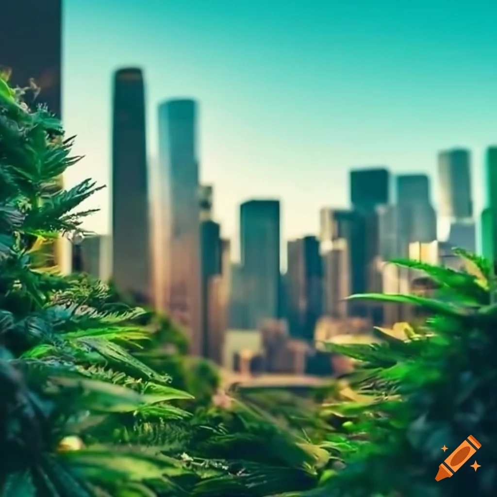 Bustling cityscape of downtown los angeles with lush green plants on