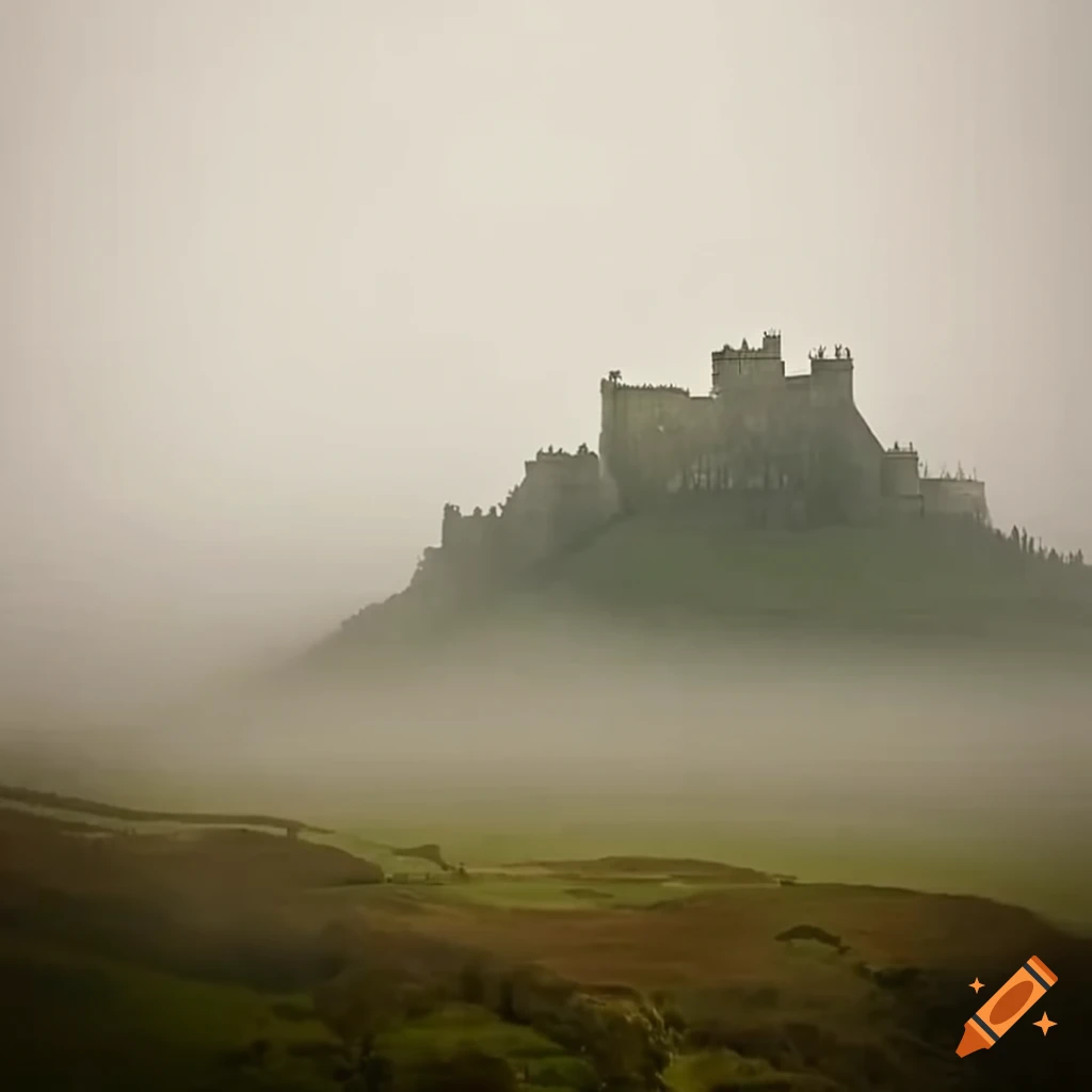 Breathtaking view of Scottish rolling hills and castles in the mist