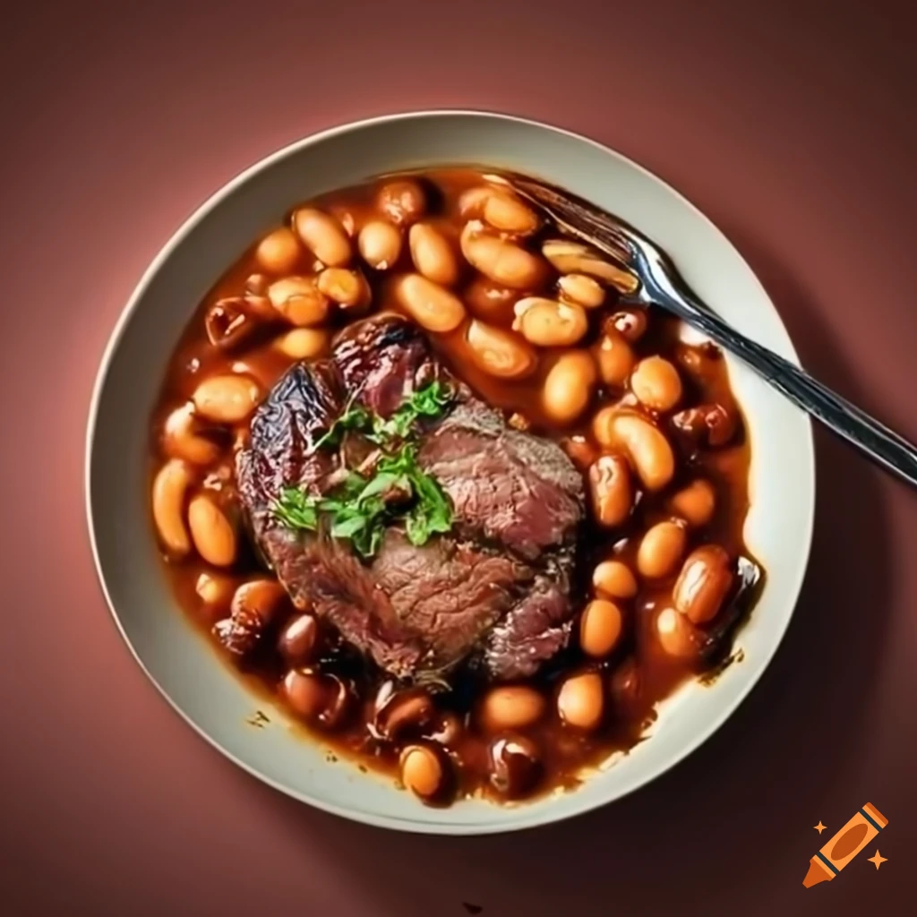 Delicious baked beans on top of steak on Craiyon
