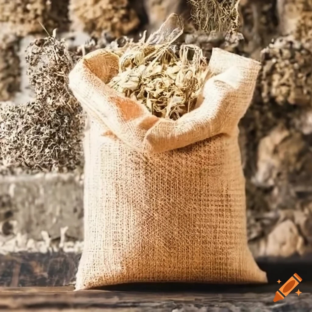 Bag of dried medicinal herbs in a stone building
