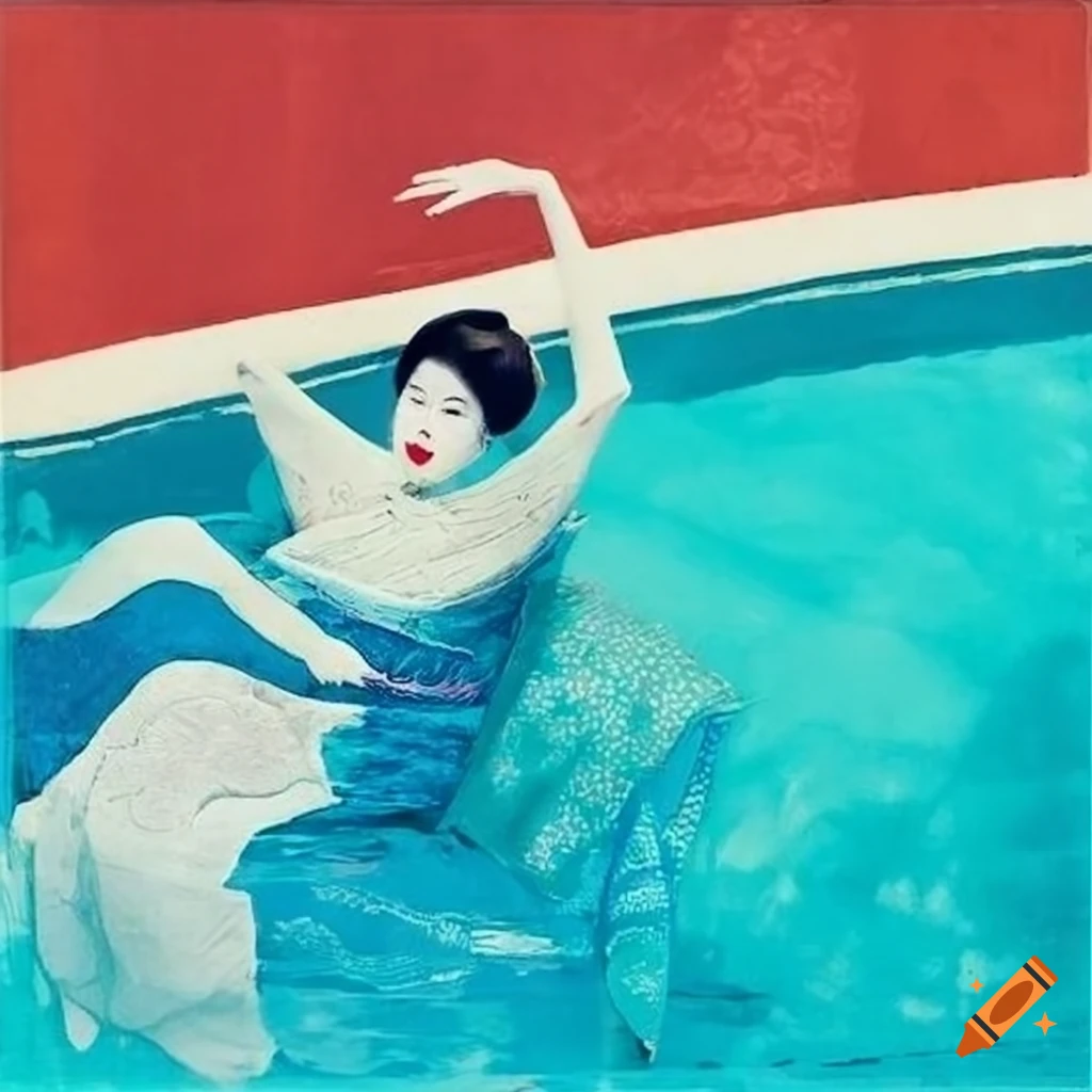 Geisha in kimono by the pool inspired by David Hockney and Robert Rauschenberg