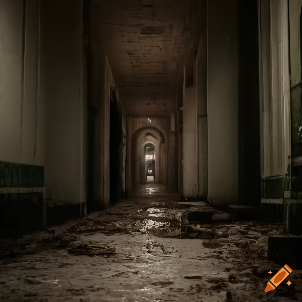Close-up view of flooded corridor with sinking buildings in dramatic lighting