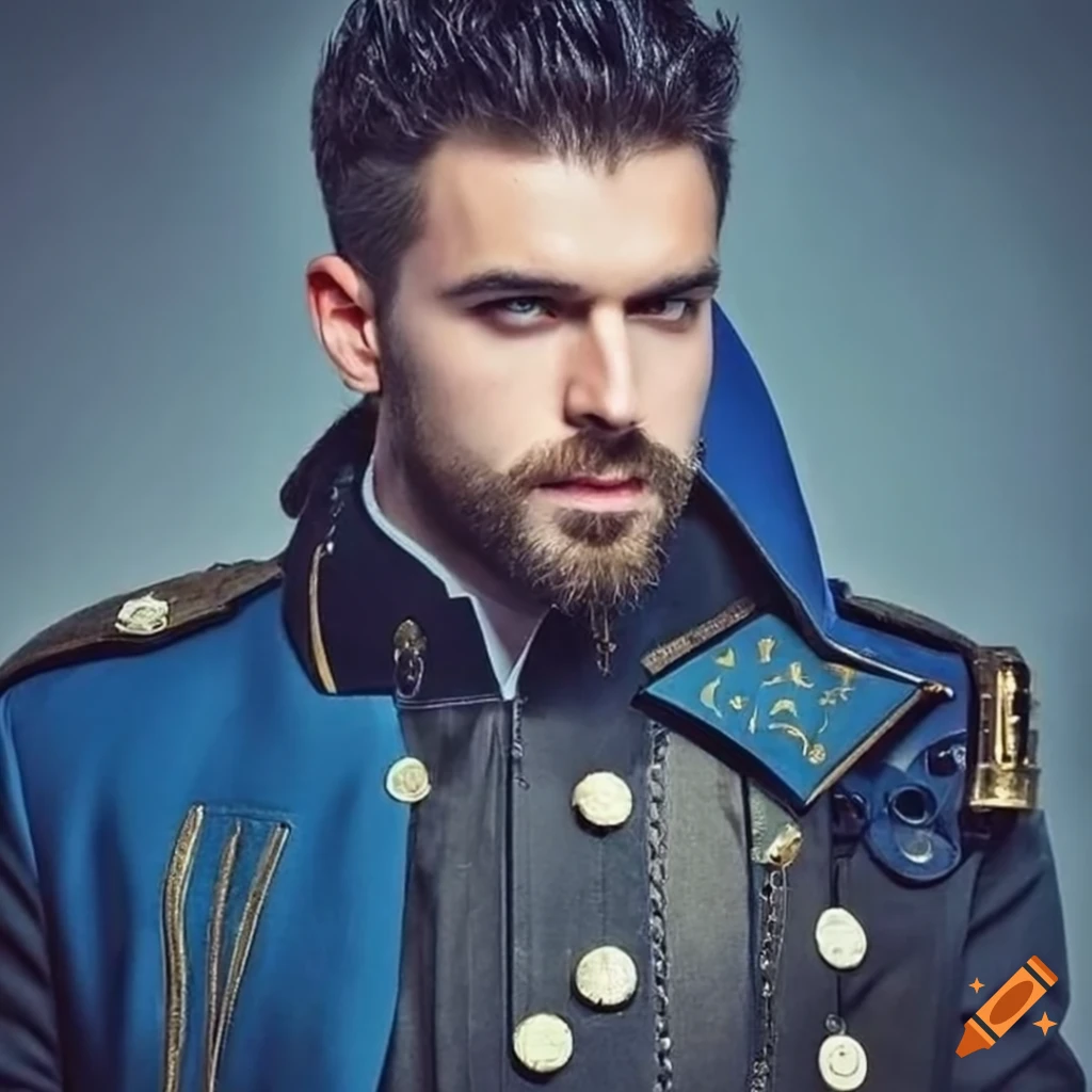 Handsome young man with salt and pepper black hair, strong jaw, and