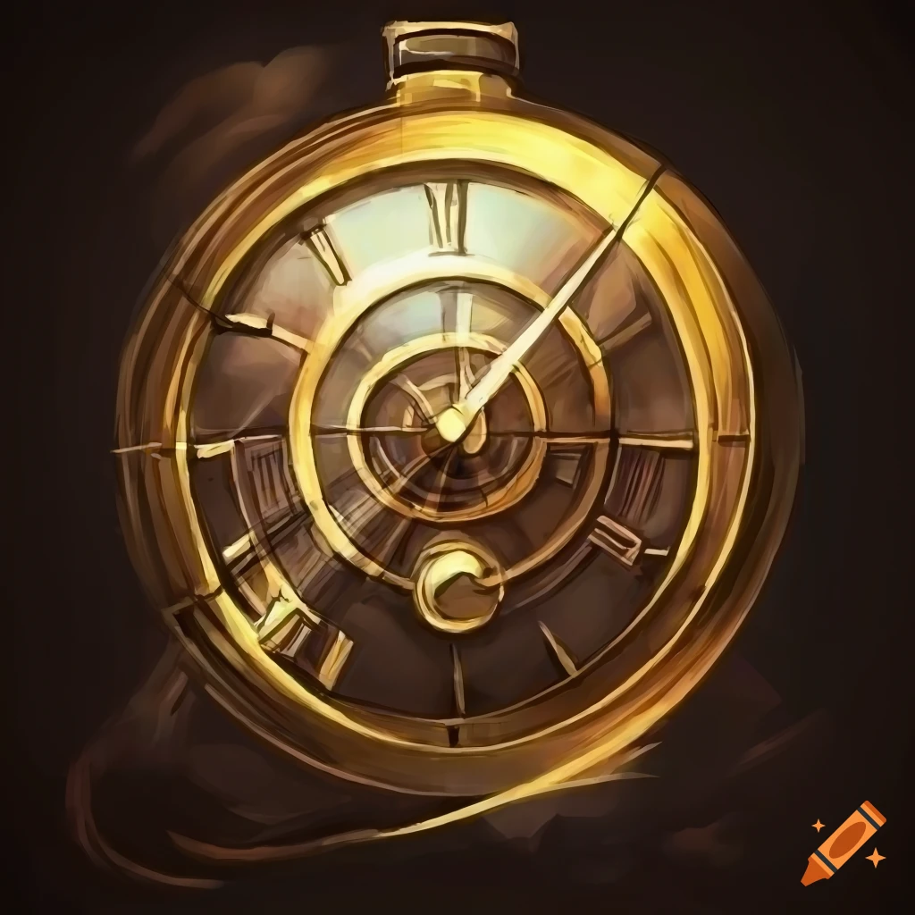 Golden clock in a sci-fi realism rough sketch art style