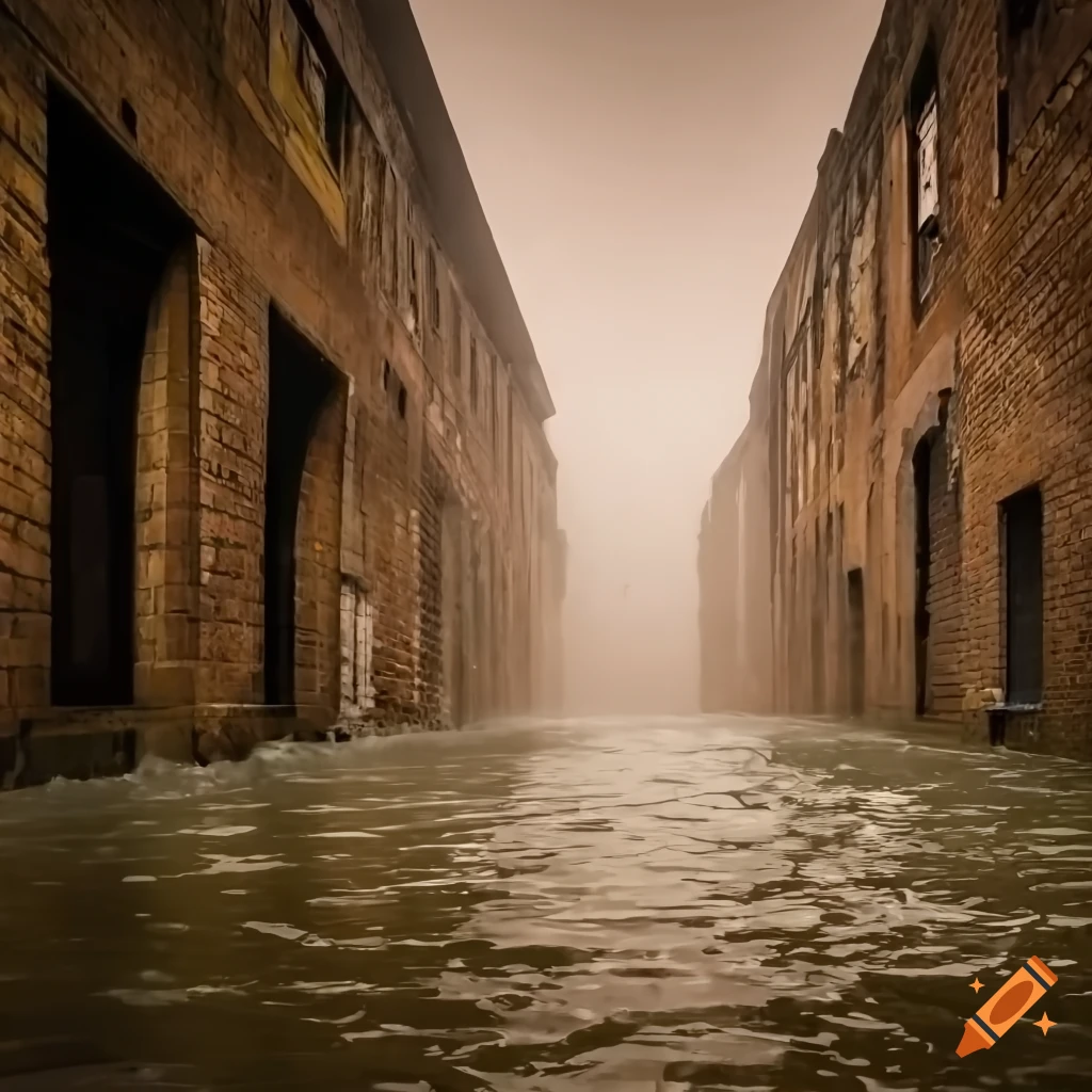 Crumbling flooded corridor leading to abandoned buildings sinking into ocean with dramatic lighting