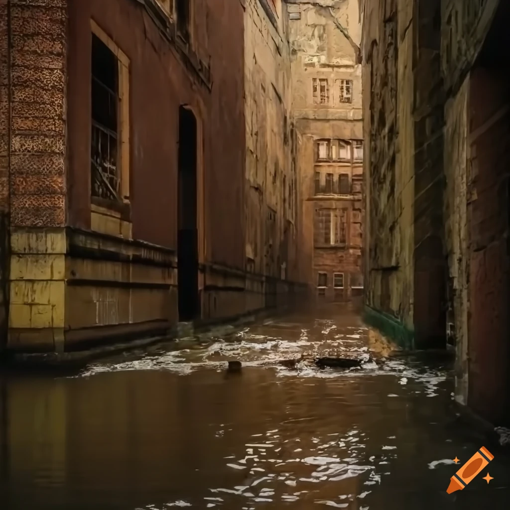 Close-up of flooded corridor leading to abandoned buildings sinking into ocean with dramatic lighting