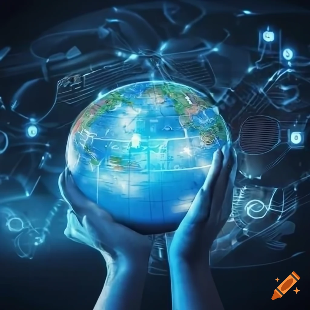 Hands holding the globe surrounded by technological images on a dark blue background