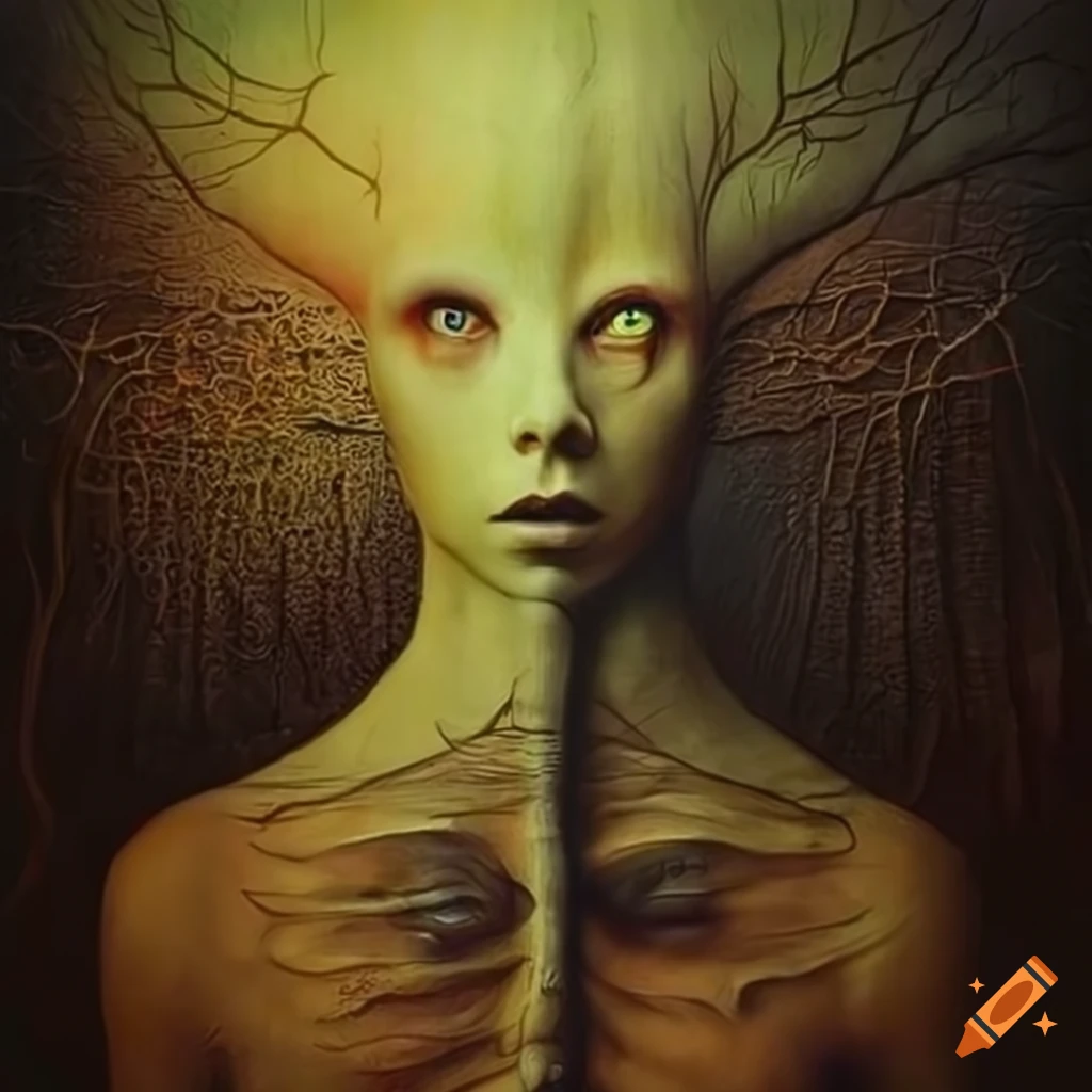Surreal haunting tree with human body shapes in the style of Zdzislaw ...