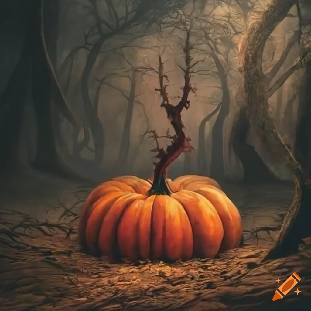 Realistic drawing of a mystical red-orange pumpkin with a long thorny stem in a dark forest setting