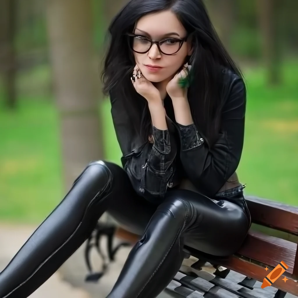 Stylish young woman with thick glasses and trendy outfit sitting on a