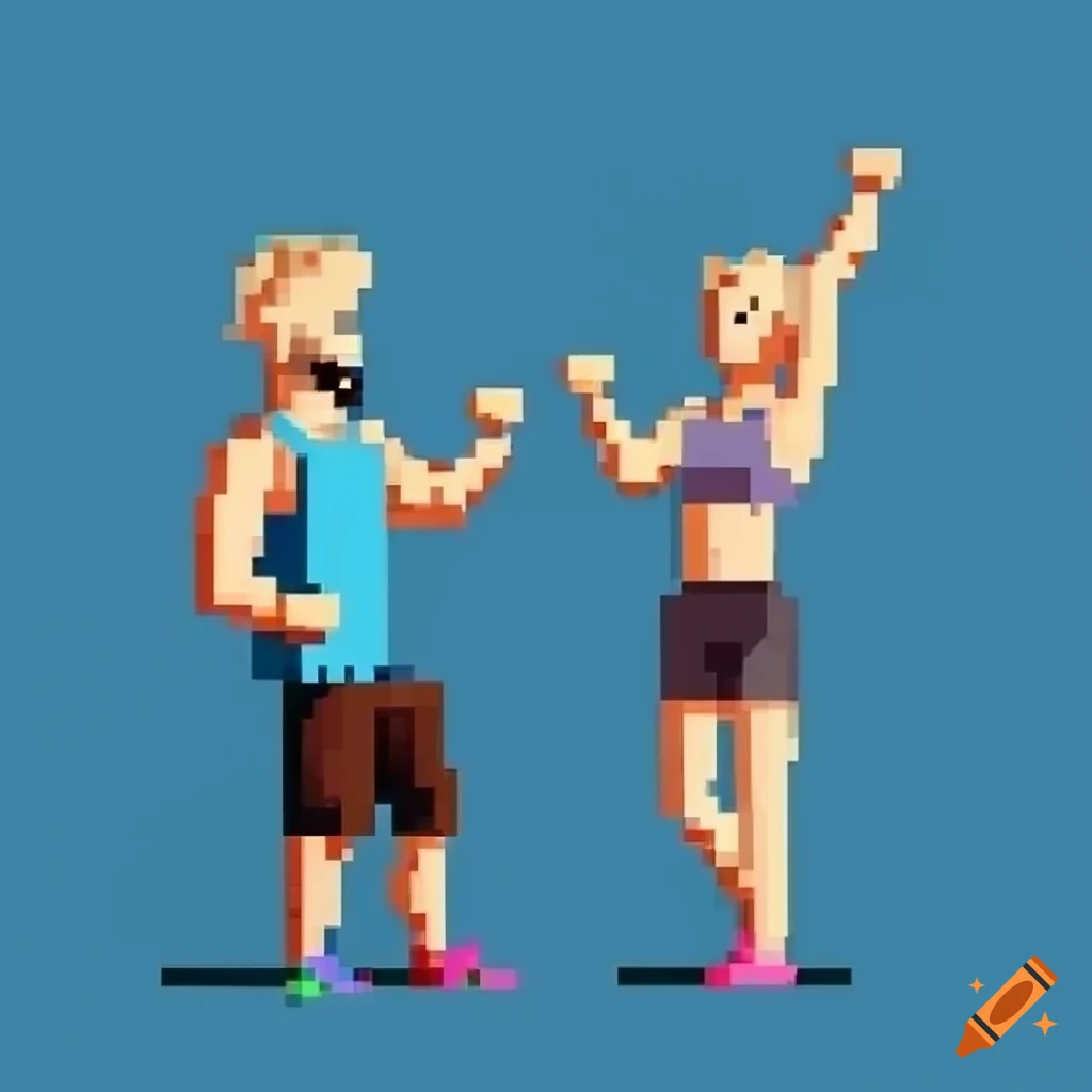 Blonde personal trainer cheering on two people lifting weights in gym pixel art