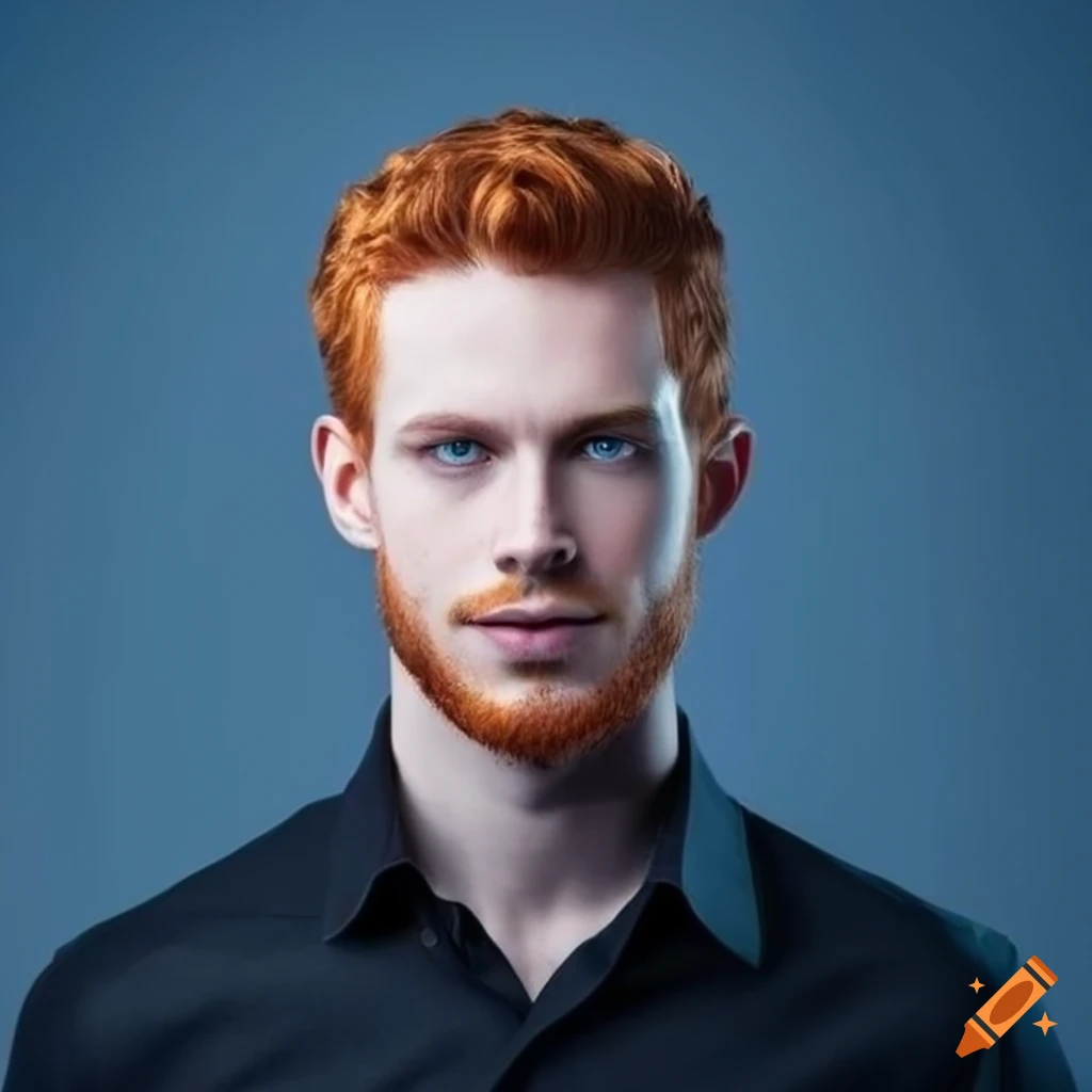 Young handsome man with red hair and blue eyes in a black shirt on Craiyon