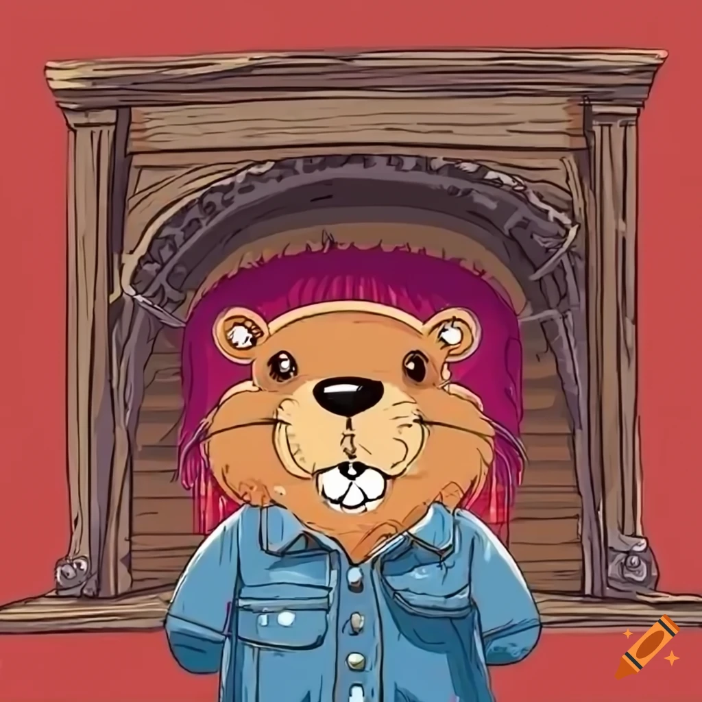 Cartoon beaver in denim clothes by a cozy fireplace