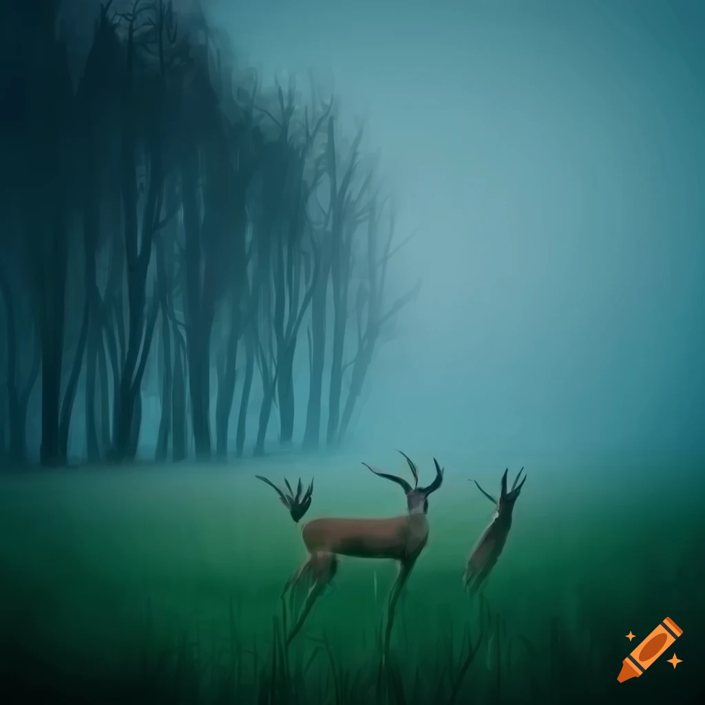 Creepy tall grass landscape with deer in foggy environment
