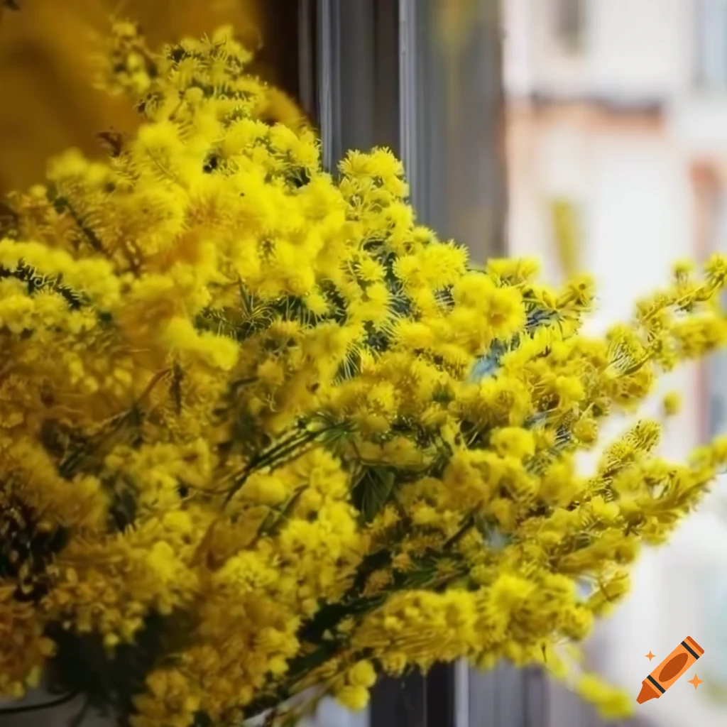 Mimosa sprigs in a bouquet at a flower shop window