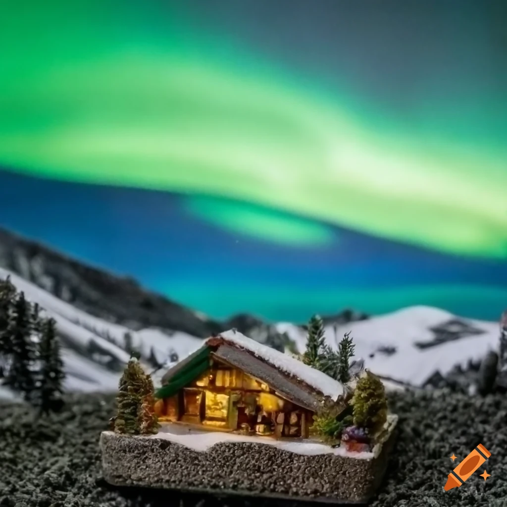 Snowy mountain with northern lights diorama inside a box on Craiyon