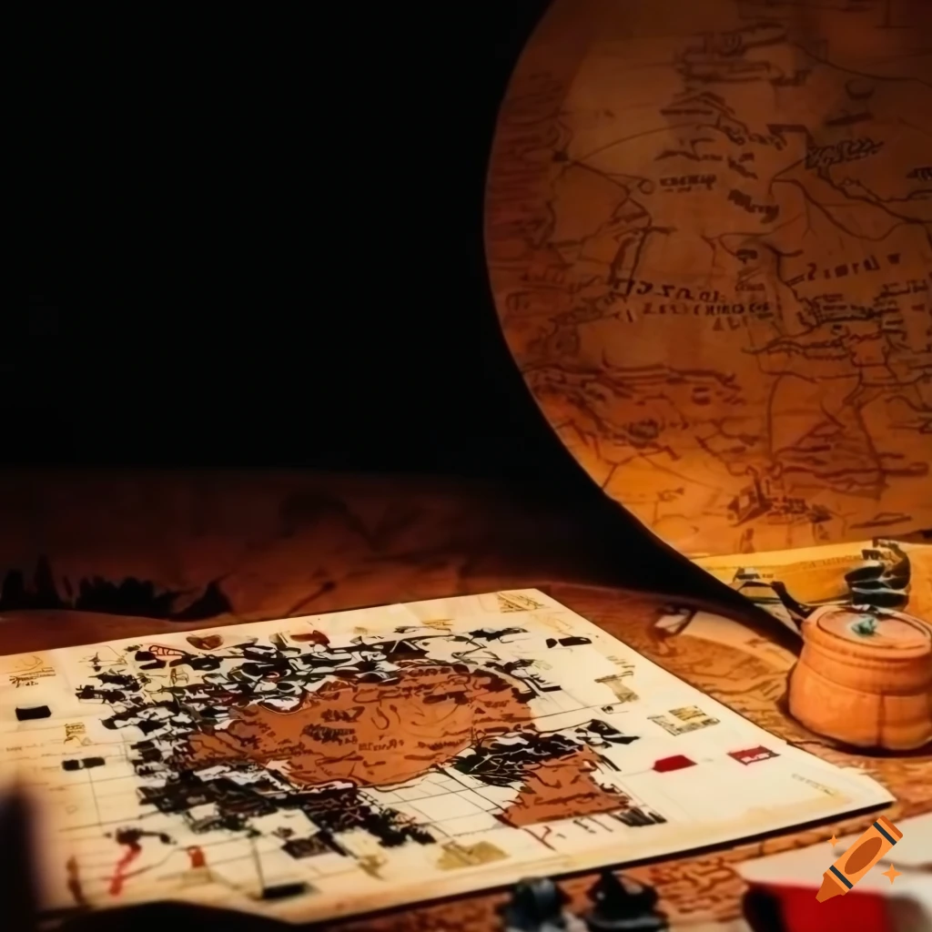 Board game night flyer with old world map theme in red, white, black, and beige colors