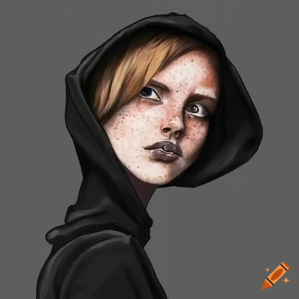 Pencil drawing of a unique woman with short brown hair and freckles wearing a black hoodie