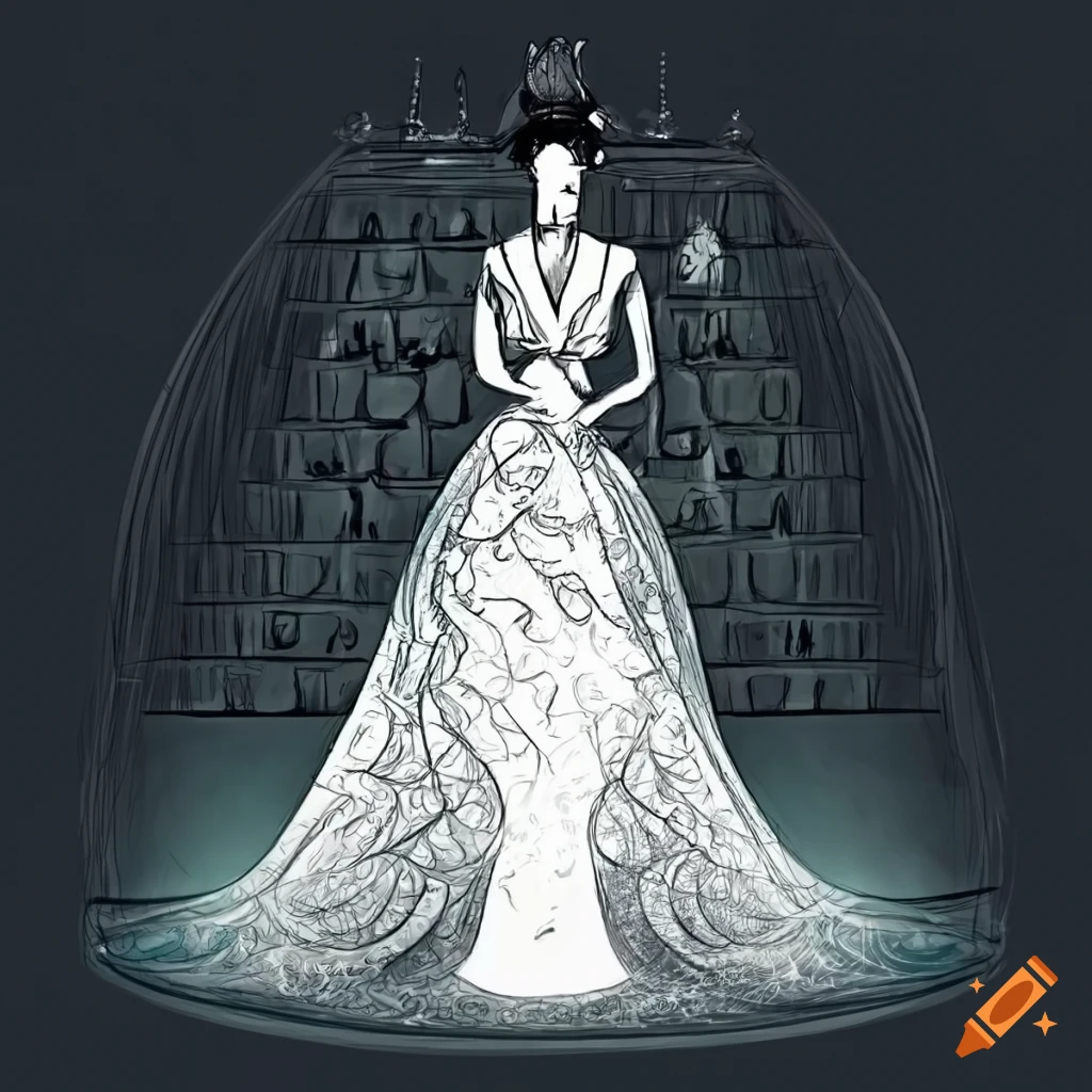 Sketch design of a wedding gown with abstract chess pieces and tiaras