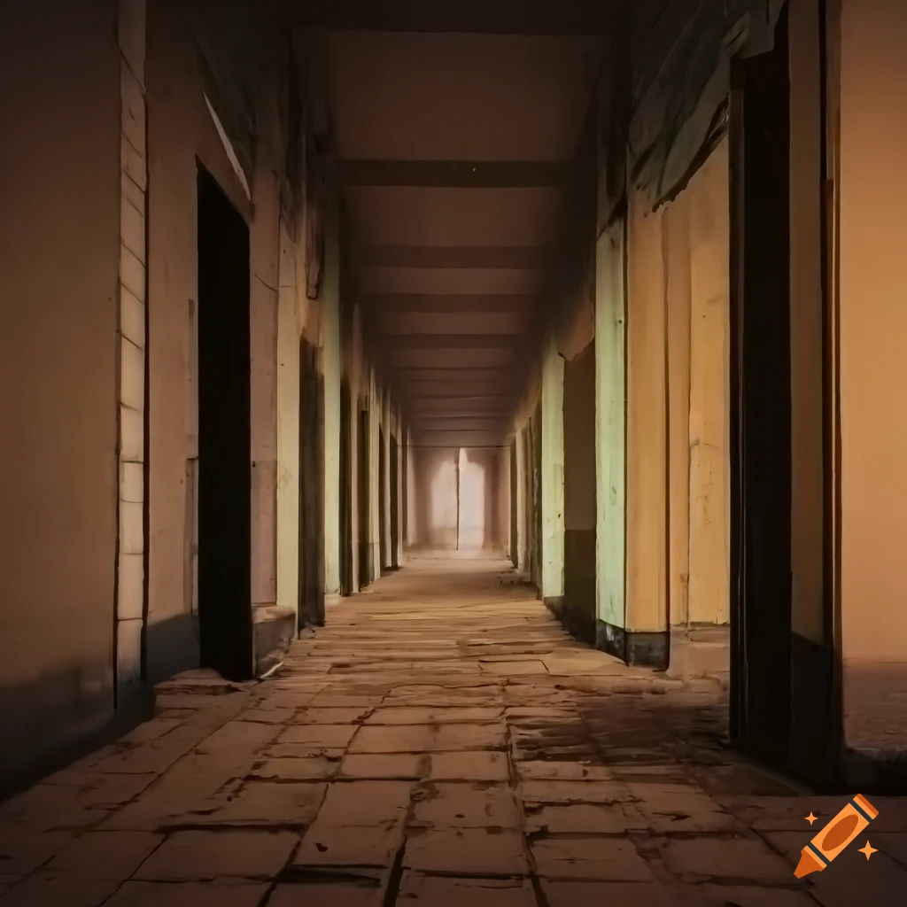 Crumbling flooded corridor leading to abandoned buildings sinking into ocean with dramatic lighting