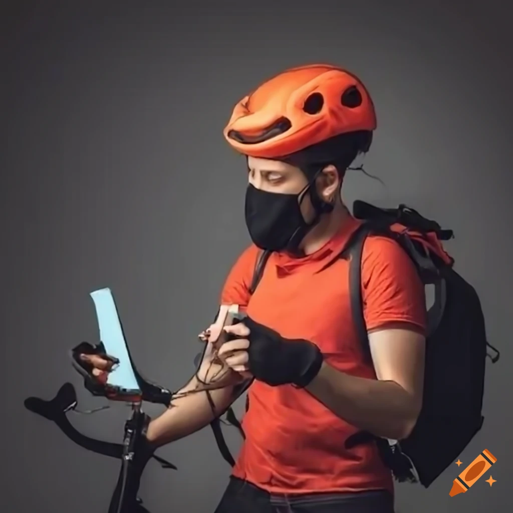 Delivery person with bike checking phone while wearing a facemask