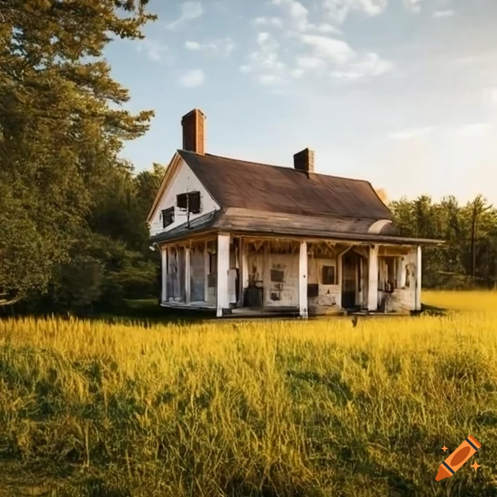 Rustic 2-floor wooden farmhouse with porch and metal roof in grasslands