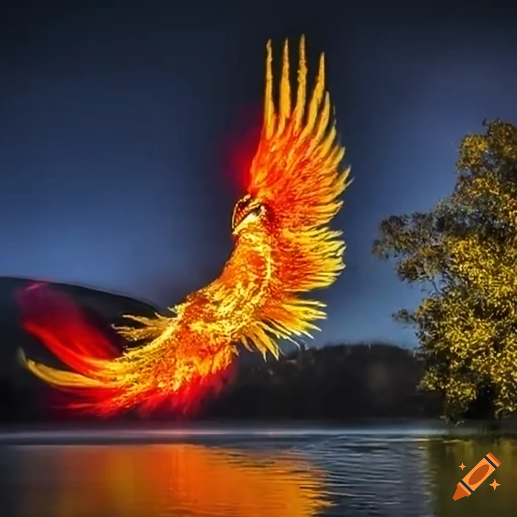 American gold phoenix statue overlooking firewater on Craiyon