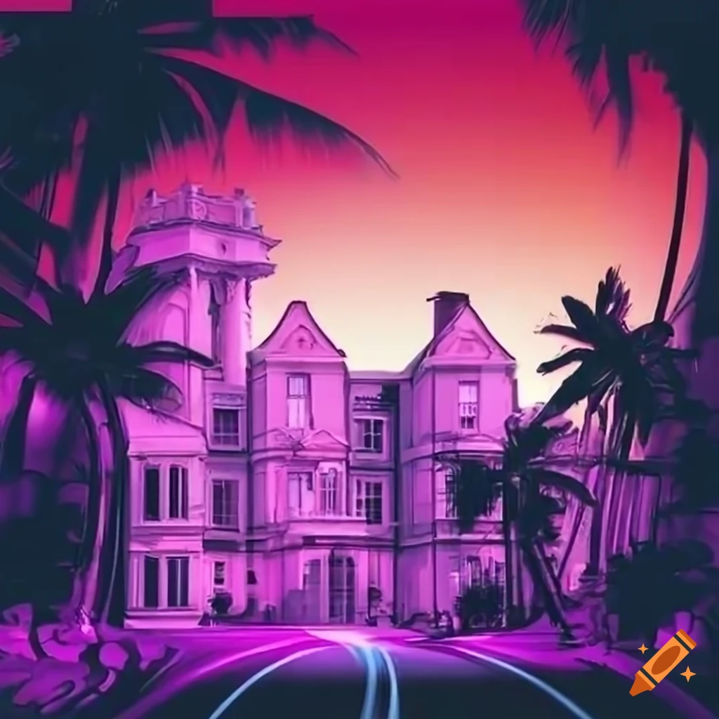 80s vibe with palm trees, mansion, bunnies, and white lamborghinis on ...