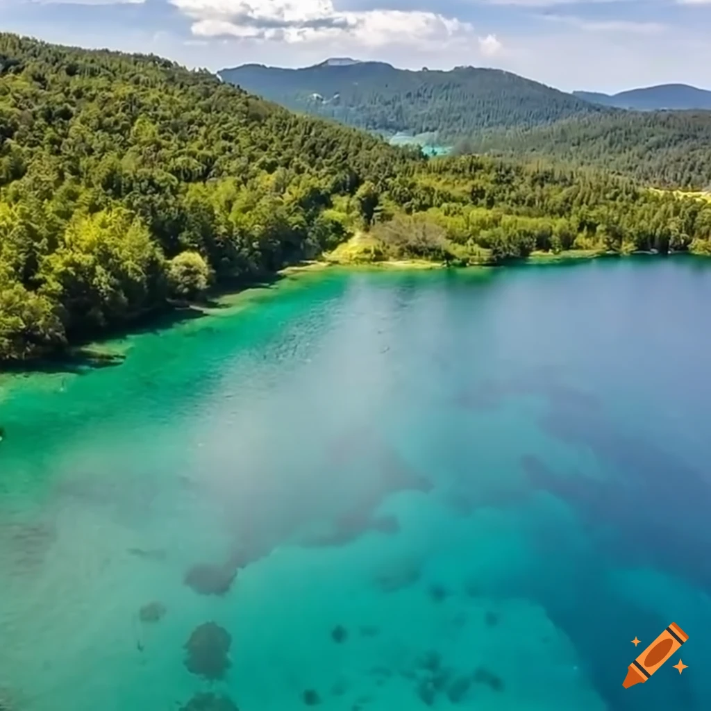 Drone view of a beautiful lake with crystal clear water, mountains, and ...