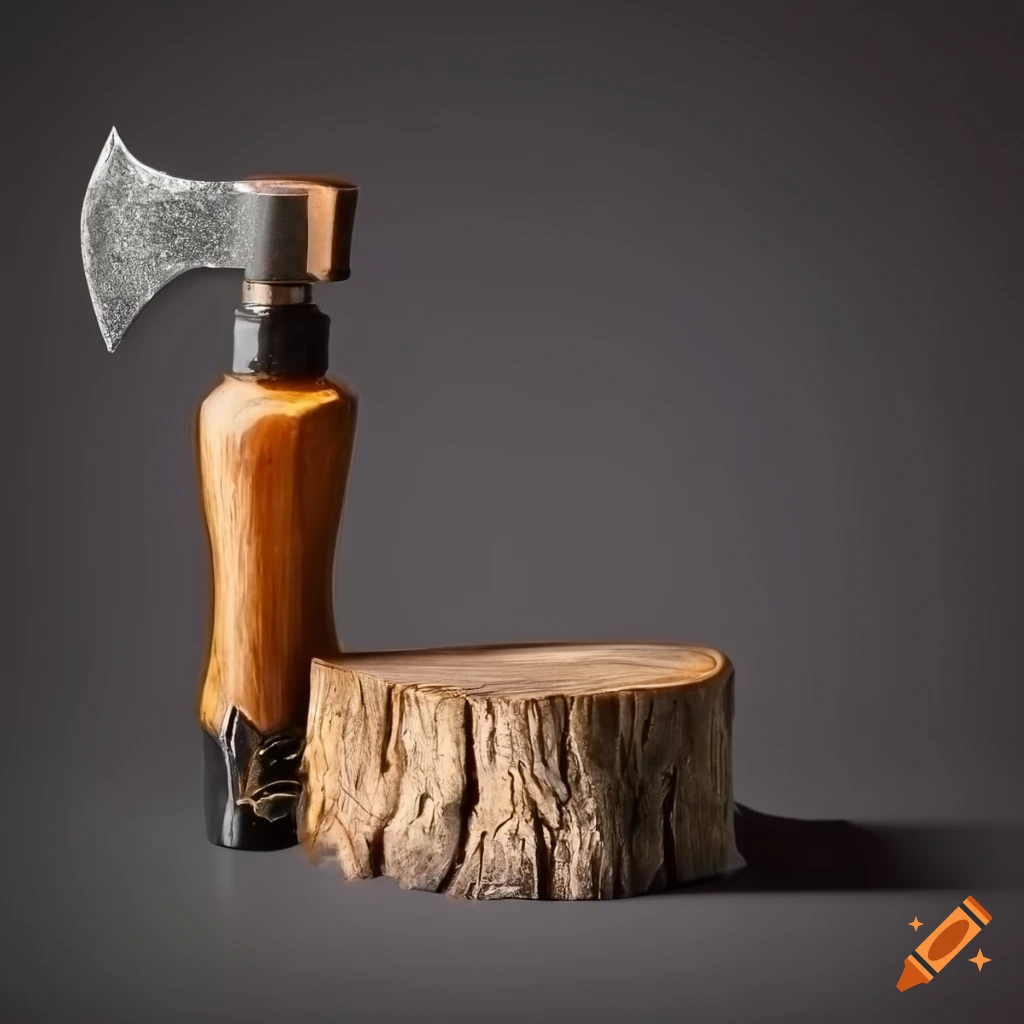 Man's tools - hatchet, wood stump, and fragrance bottle illuminated by spotlight