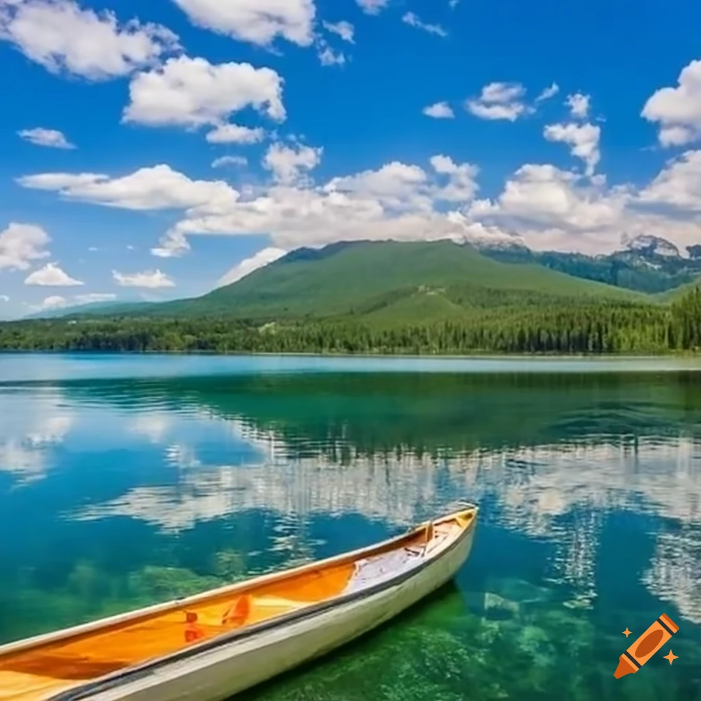Beautiful lake with crystal clear water, mountains, and a canoe under ...