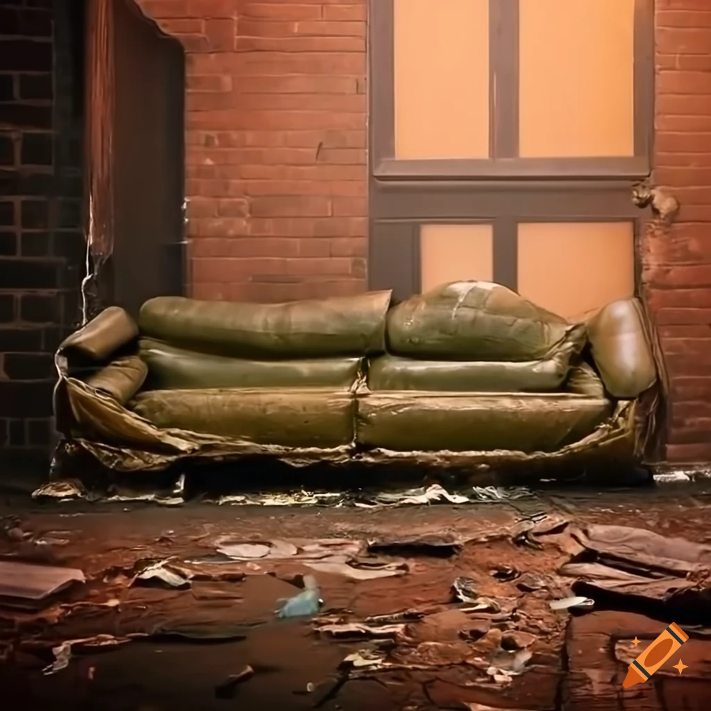 Closeup of destroyed leather couch with flooded brick doorway and