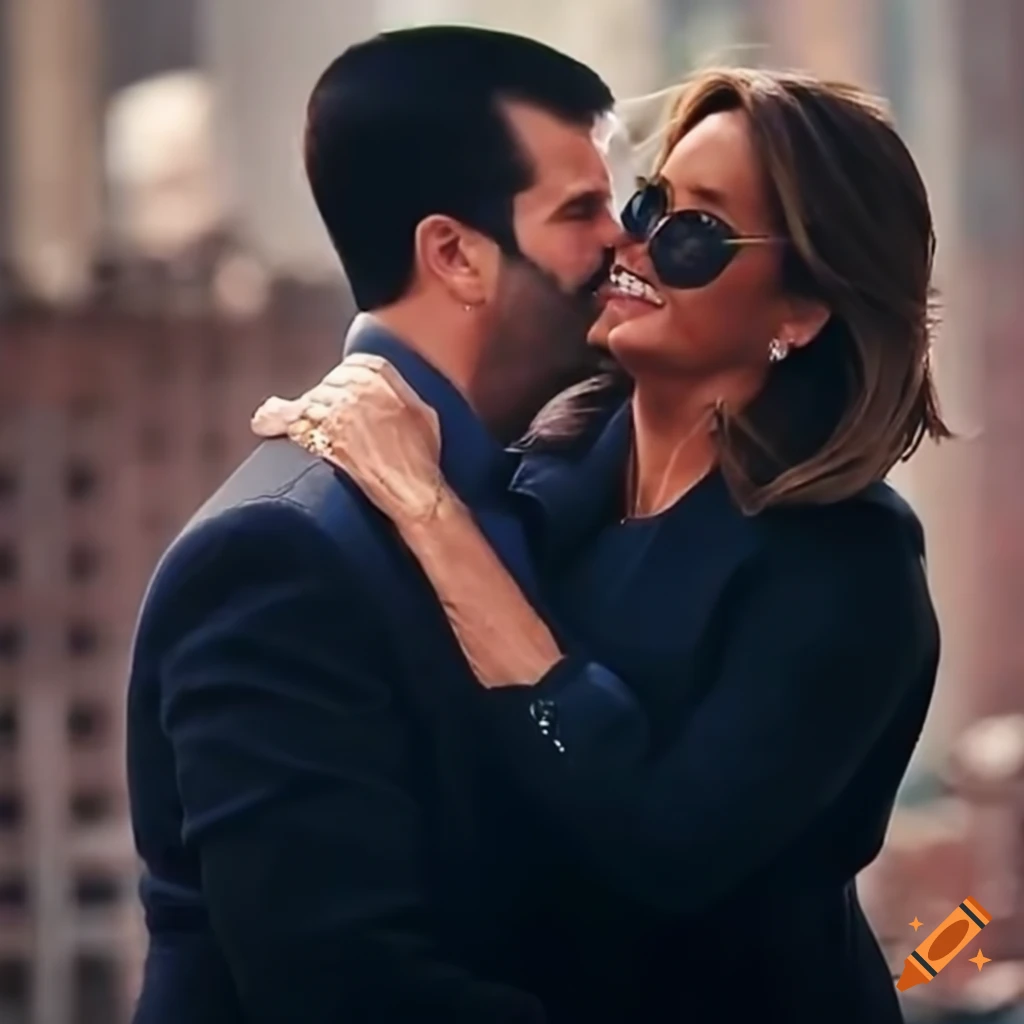 Donald Trump Jr. and Mariska Hargitay embracing on a balcony overlooking New York City
