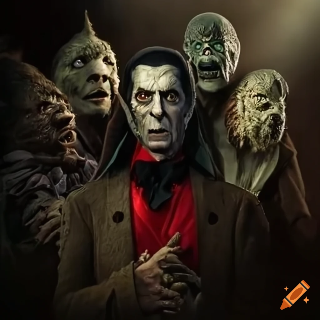 Classic monsters enjoying popcorn in a movie theatre