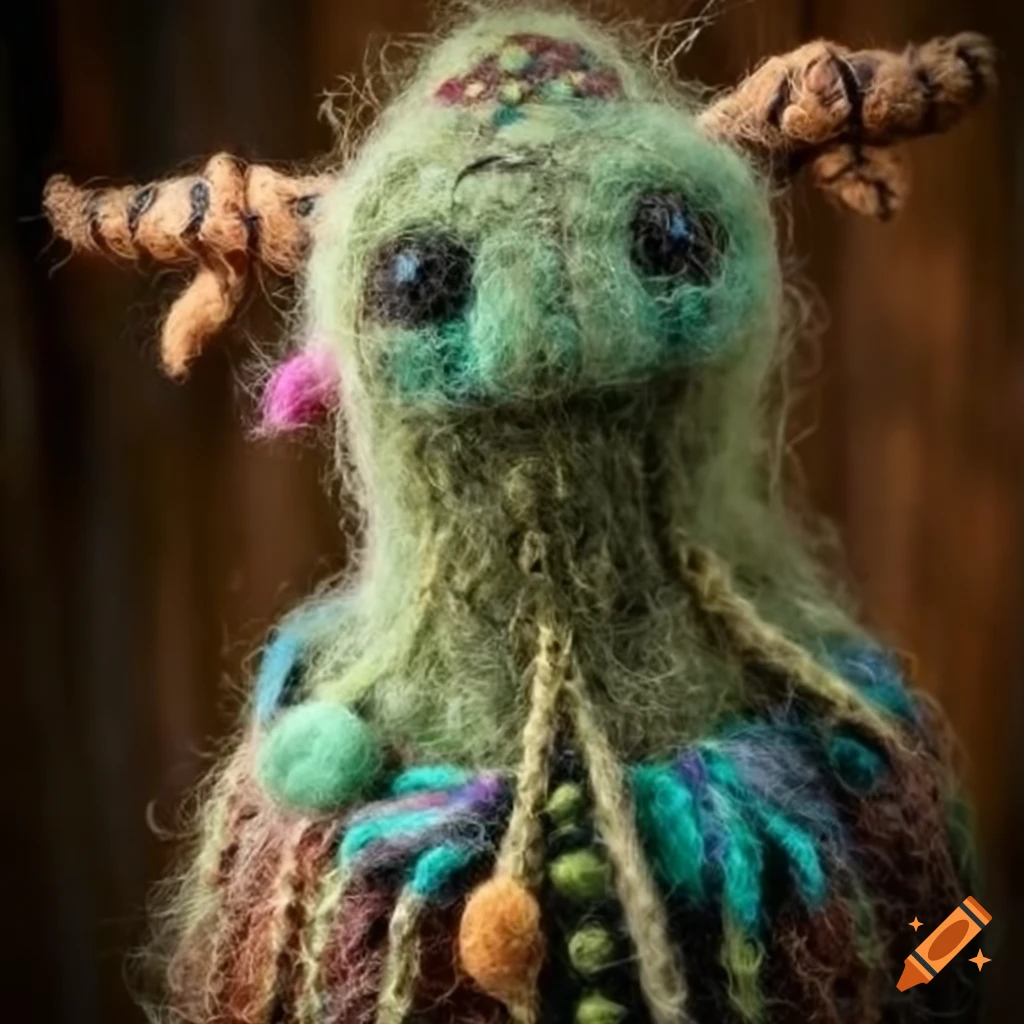 Felted wool creature from the swamp kingdom with ornate clothes