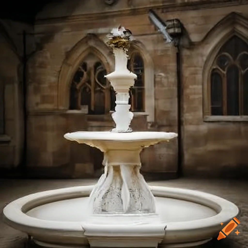 Ivory white fountain drying up in a church courtyard